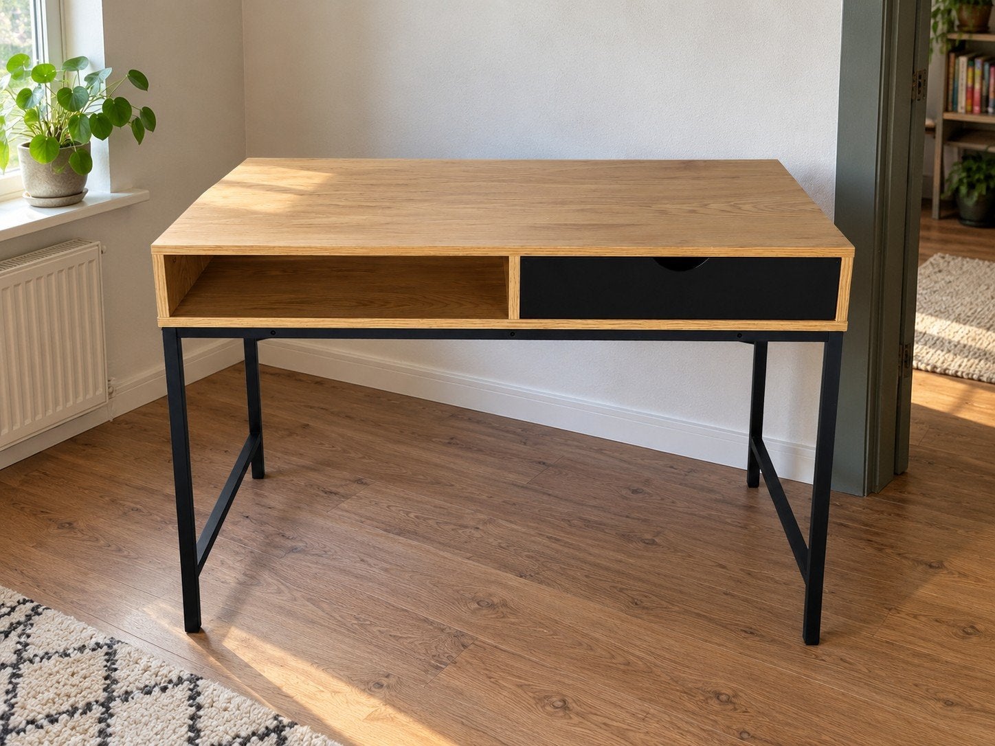 JYSK bureau eiken/zwart met lade en open vak – 95 x 48 cm, Ophalen, 45 cm, Zo goed als nieuw, 95 cm