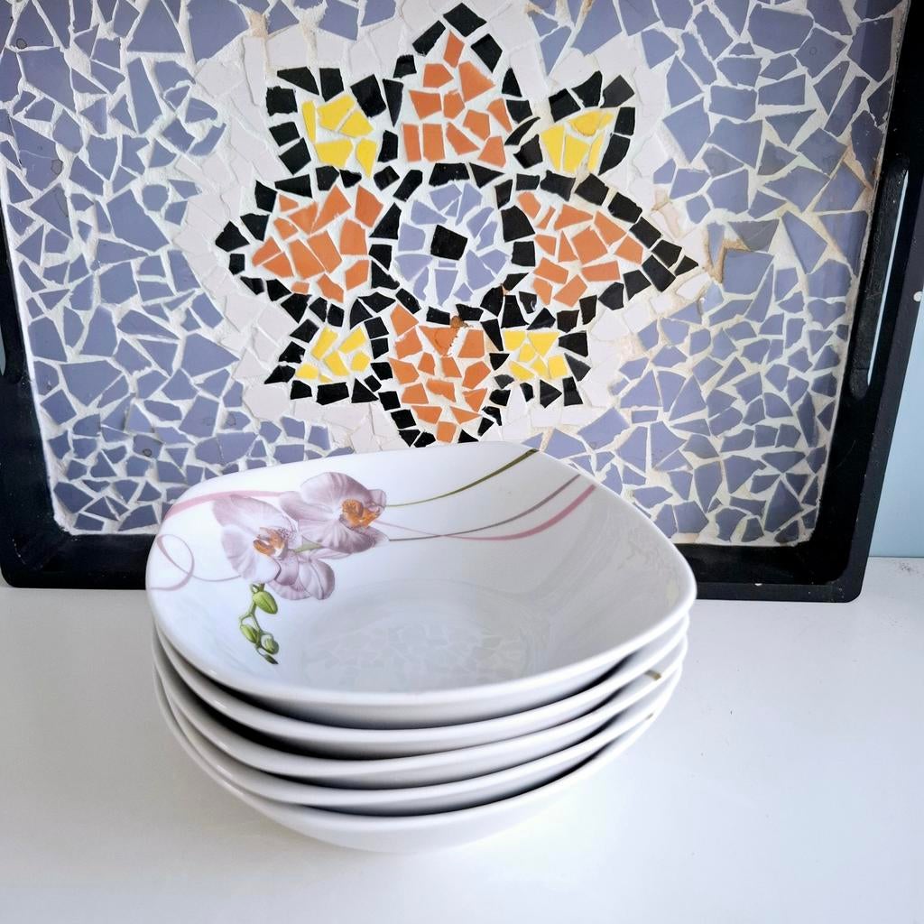 CreaTable 'Square Orchidee', 5 dessertschaaltjes, Ophalen of Verzenden, Zo goed als nieuw, Porselein, Kom(men)