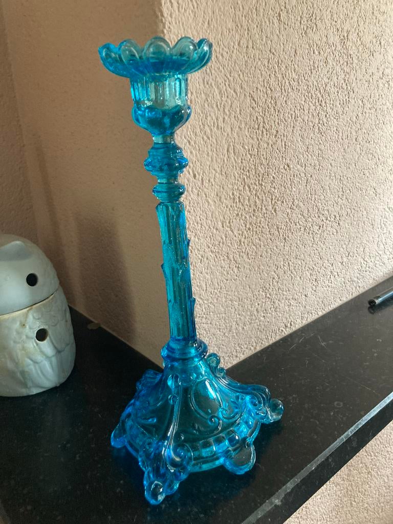 Vintage Blauwe Glazen Kandelaar - Sierlijk Design, Antiek en Kunst, Ophalen of Verzenden, Glas