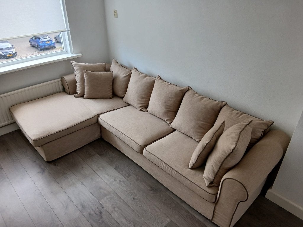 Beige loungebank / hoekbank – Rook- & huisdiervrij, Hoekbank, Ophalen of Verzenden, Zo goed als nieuw, Stof