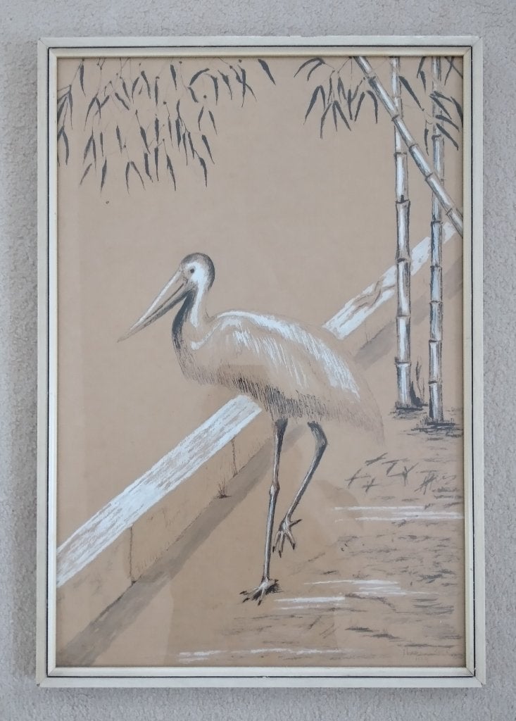 Afbeelding vogel in lijst., Gebruikt, Schilderij, Achter glas, Vintage