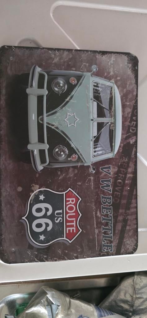 Metalen wandbord VW busje Route 66, Vintage, Gebruikt, Meerkleurig, Ophalen of Verzenden