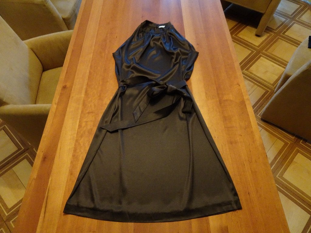 LADRESS zijden chocolade bruin jurkje met strik, Bruin, Verzenden, Maat 46/48 (XL) of groter, Nieuw