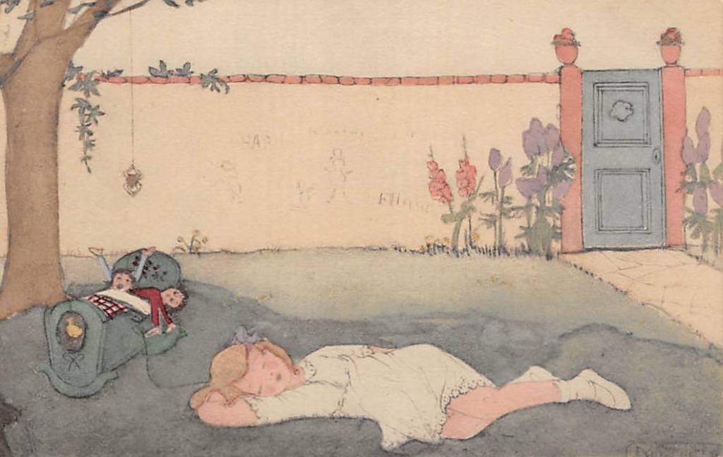 Fantasie Slapende meisje twee kinderen in wieg Vintage Kind, Ophalen of Verzenden, Voor 1920, Ongelopen, Kinderen