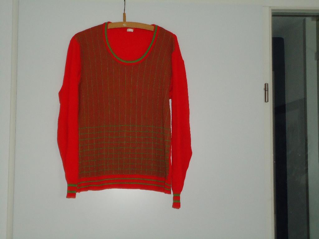 trui rood met groen de bw = 100 lengte = 48/60, Kleding | Heren, Truien en Vesten, Ophalen of Verzenden, Gedragen, Maat 48/50 (M)