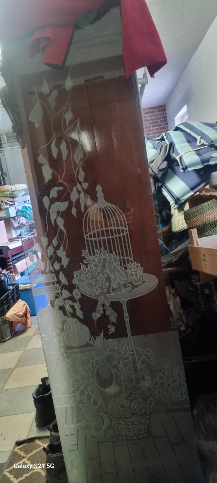 Decoratieve glazen paneel met geëtst vogelkooi motief, Ophalen
