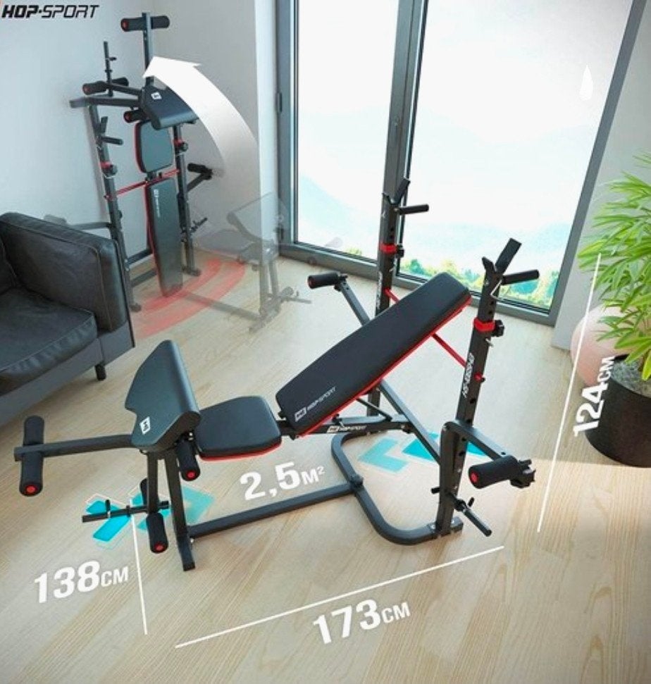 Krachtstation met halterbank en gewichten, Sport en Fitness, Fitnessapparatuur, Ophalen, Nieuw, Benen, Krachtstation