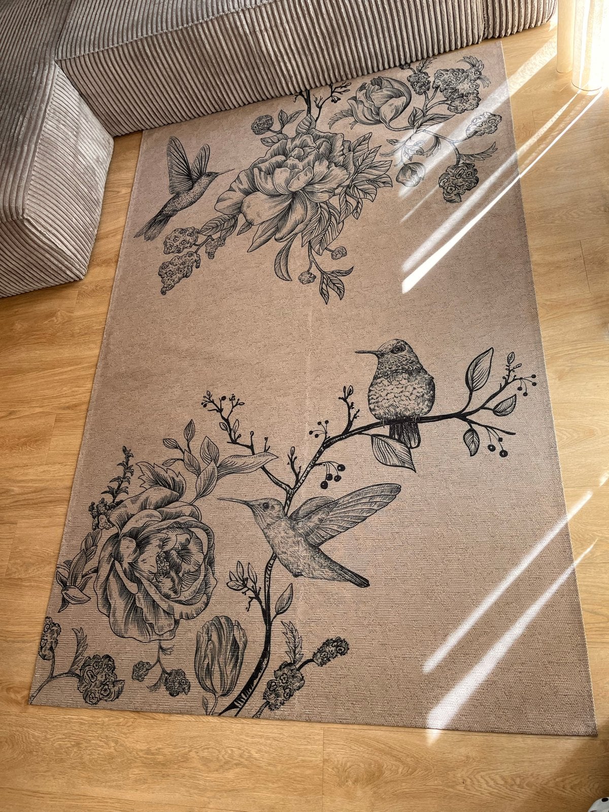 Basiclabel vloerkleed met vogel- en bloemenprint, Ophalen, Beige, 150 tot 200 cm, 200 cm of meer