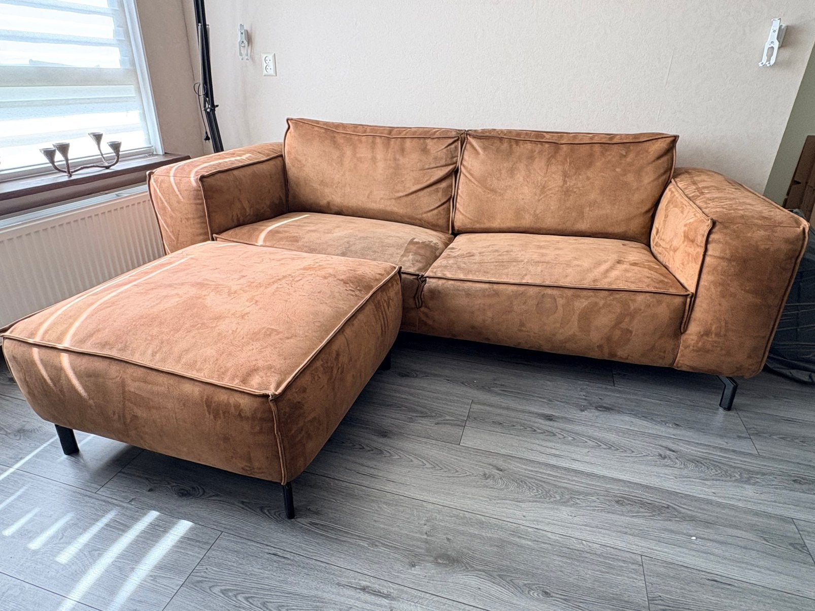 2-zits lederen bankstel Valerio met hocker, Ophalen, Gebruikt, Leer, Easy Sofa