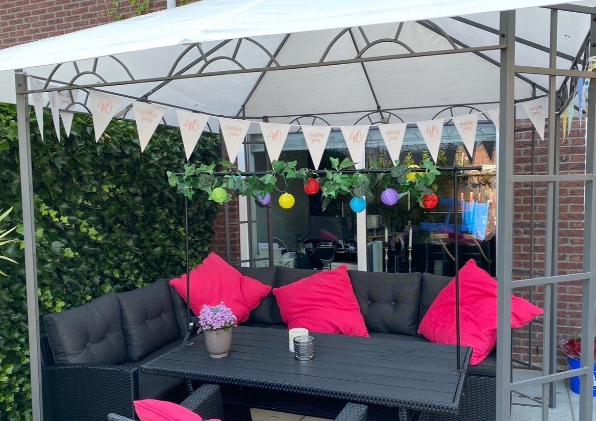 Partytent met tuinset en kussens (excl. roze kussens), Tuin en Terras, Tuinsets en Loungesets, Ophalen, Gebruikt, Eettafel, 6 zitplaatsen