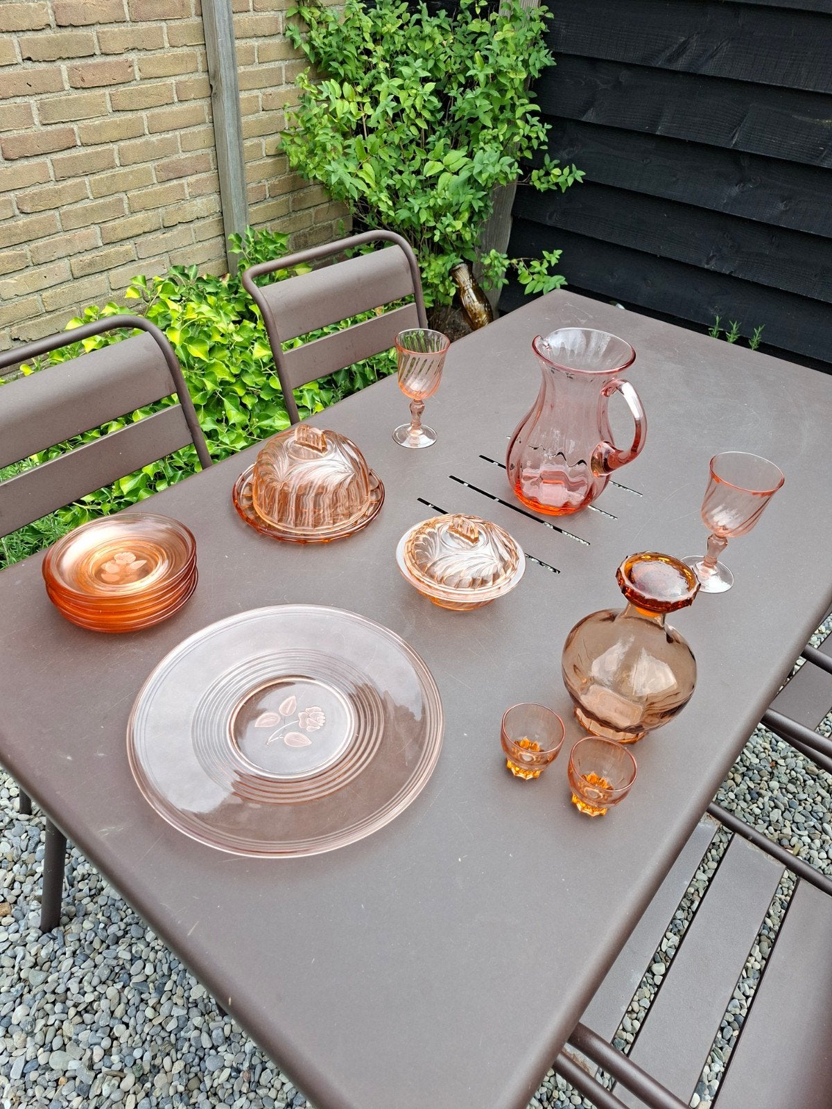 Prachtig Art Deco Roze Glas Servies uit de Jaren '30, Antiek en Kunst, Ophalen of Verzenden