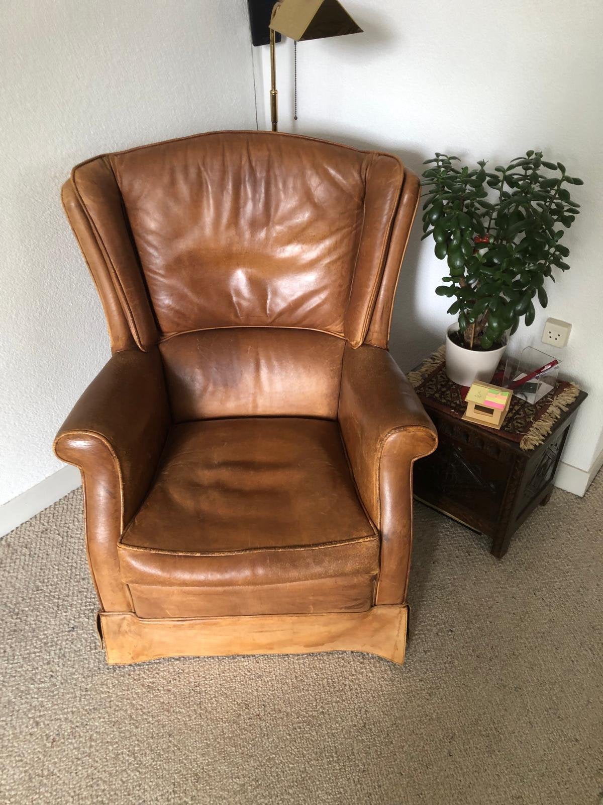 Bruine Leren stoel / fauteuil, Ophalen, Gebruikt, Minder dan 75 cm, Leer