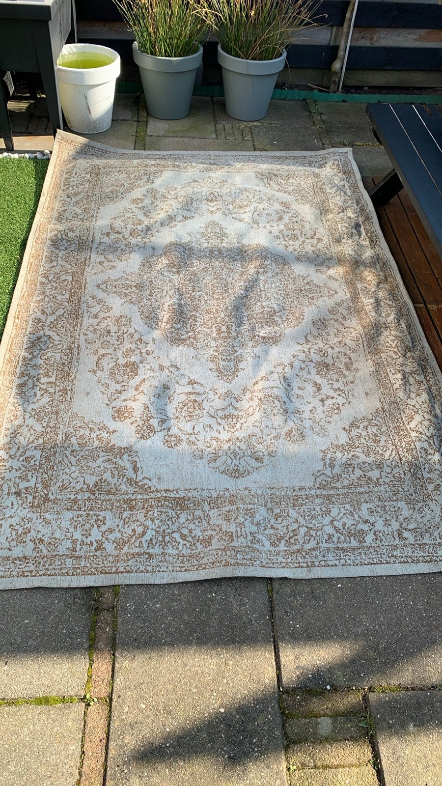 Katoenen laagpolig karpet met Oosters motief, Ophalen, Gebruikt, Blauw, 150 tot 200 cm