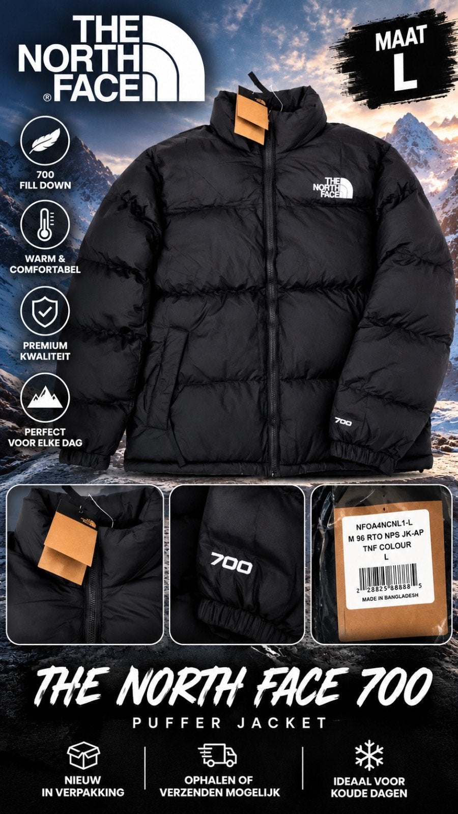 The North Face 1996 Retro Nuptse 700 Zwart Maat L Nieuw, Maat 52/54 (L), Zwart, Nieuw, Ophalen of Verzenden