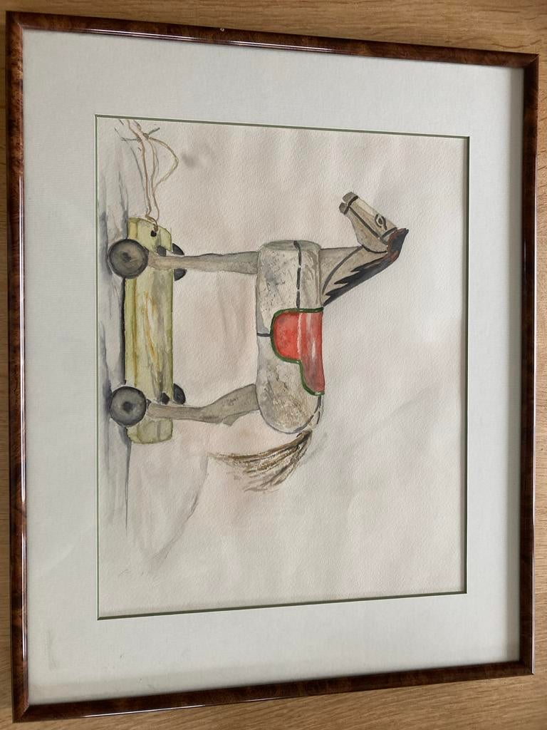 Ingelijste aquarel van houten speelgoedpaard, Antiek en Kunst, Kunst | Schilderijen | Klassiek, Ophalen