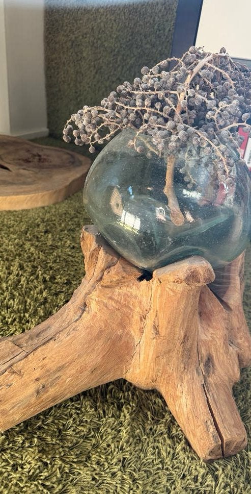 Glazen vaas op houten stronk - Uniek decoratiestuk, Ophalen, Handgemaakt, Transparant, Glas