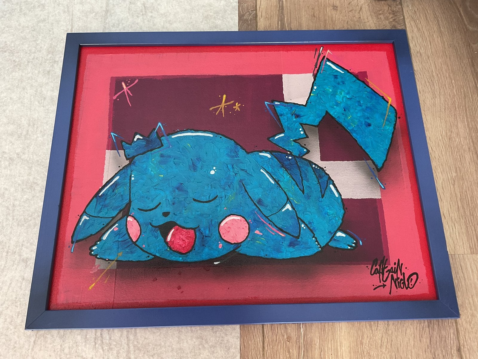 Captain Niglo Schilderij - Slapende Pikachu - 50x40 cm, Antiek en Kunst, Acrylverf, Handgeschilderd, Ophalen of Verzenden, Stripfiguren/cartoons