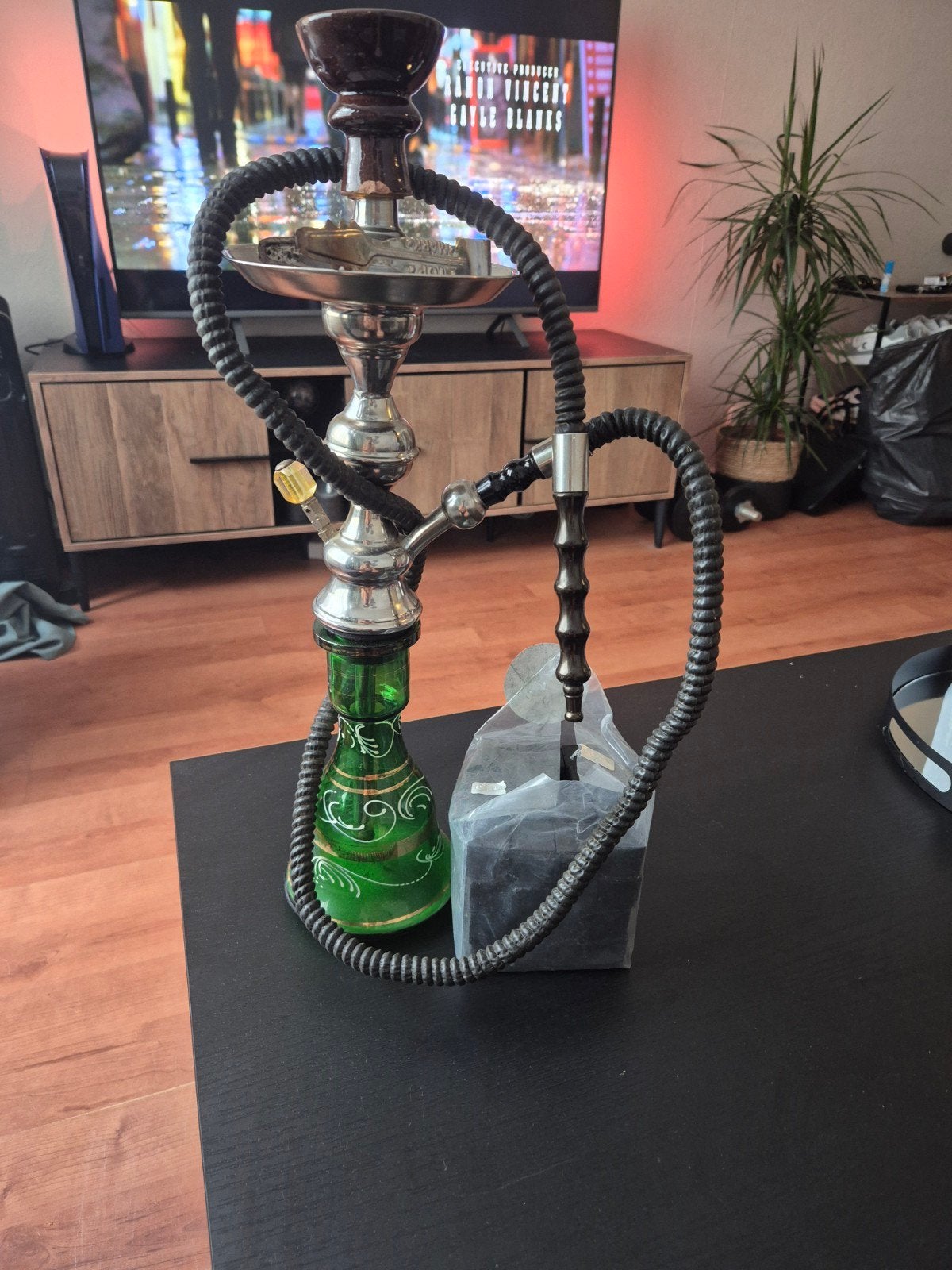 Mooie waterpijp/sisha met groene vaas, slang, kooltjes en ta, Ophalen, Gebruikt, (Water)pijp