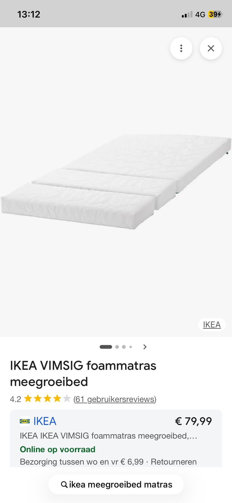 IKEA VIMSIG schuimmatras meegroeibed z.g.a.n., Eenpersoons, Ophalen of Verzenden, Zo goed als nieuw, 80 cm