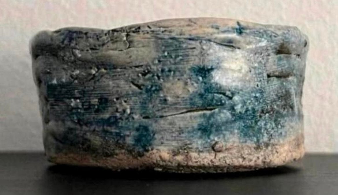Bonsai pot handgemaakt crème-blauw gemerkt aardewerk 6,8x3,4, Tuin en Terras, Bloempotten, Rond, Ophalen of Verzenden, Zo goed als nieuw
