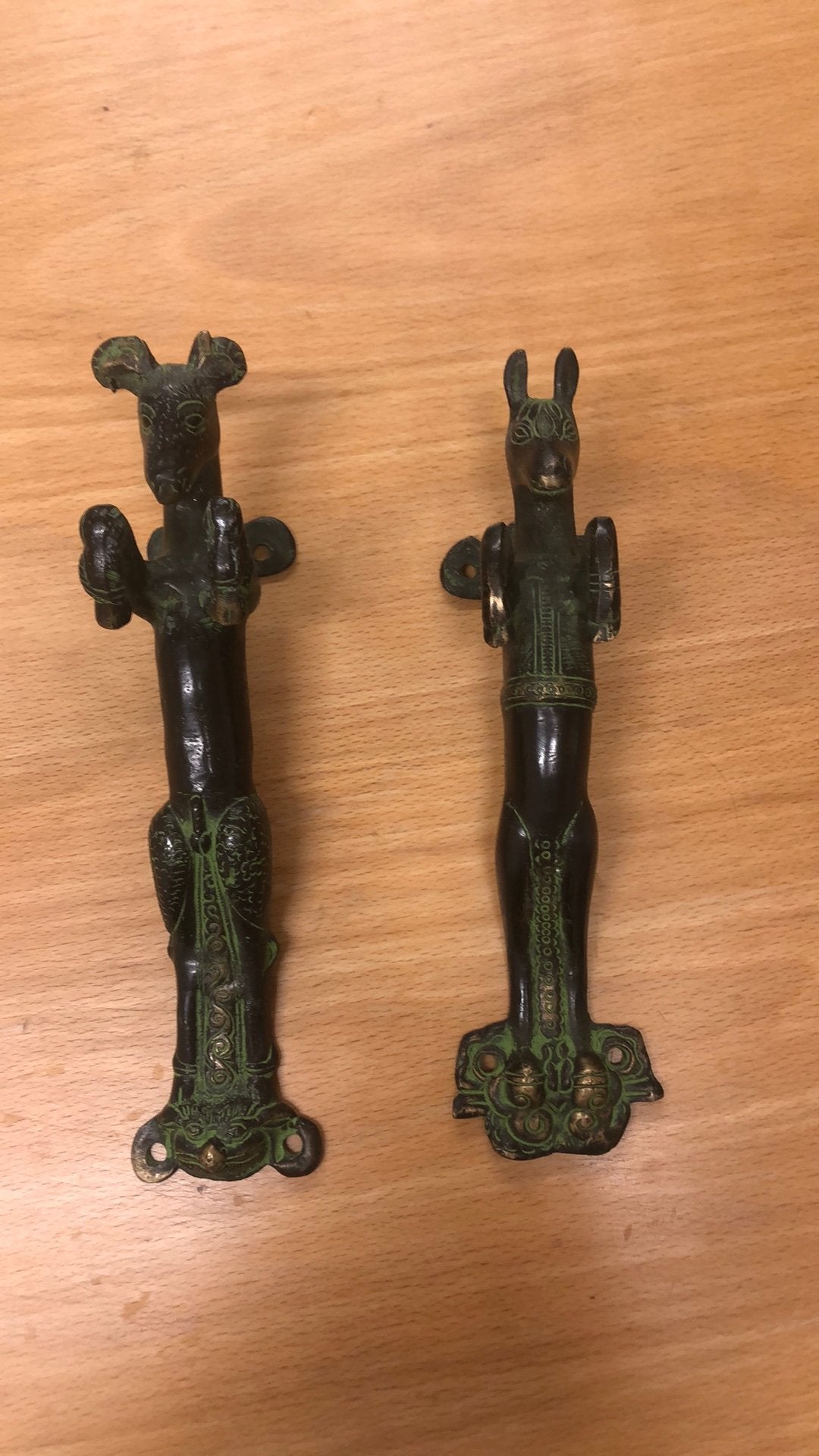 Set antiek ogende deurhandvaten uit India. Koper of brons., Antiek en Kunst, Antiek | Koper en Brons, Ophalen of Verzenden, Brons