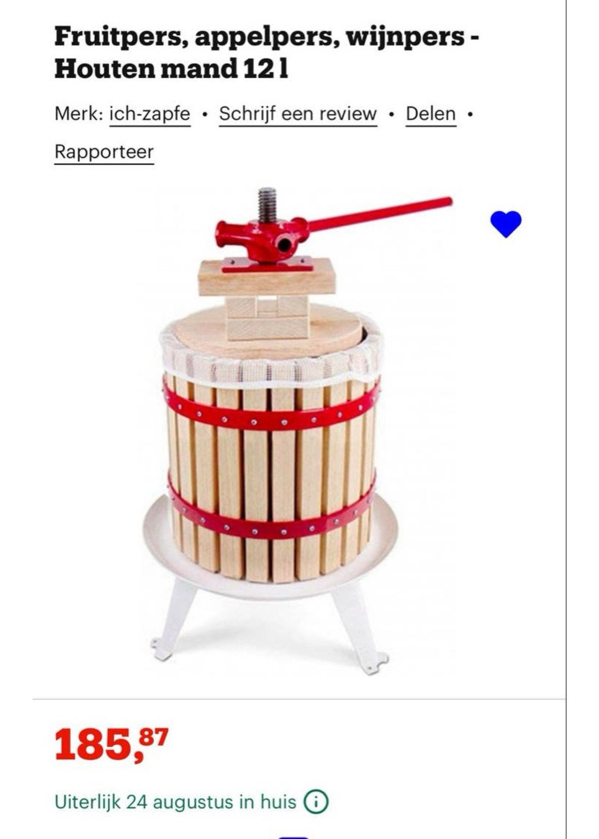 Fruitpers, appelpers, wijnpers - Houten mand 12 l, Ophalen, Overige typen, Hout, Nieuw