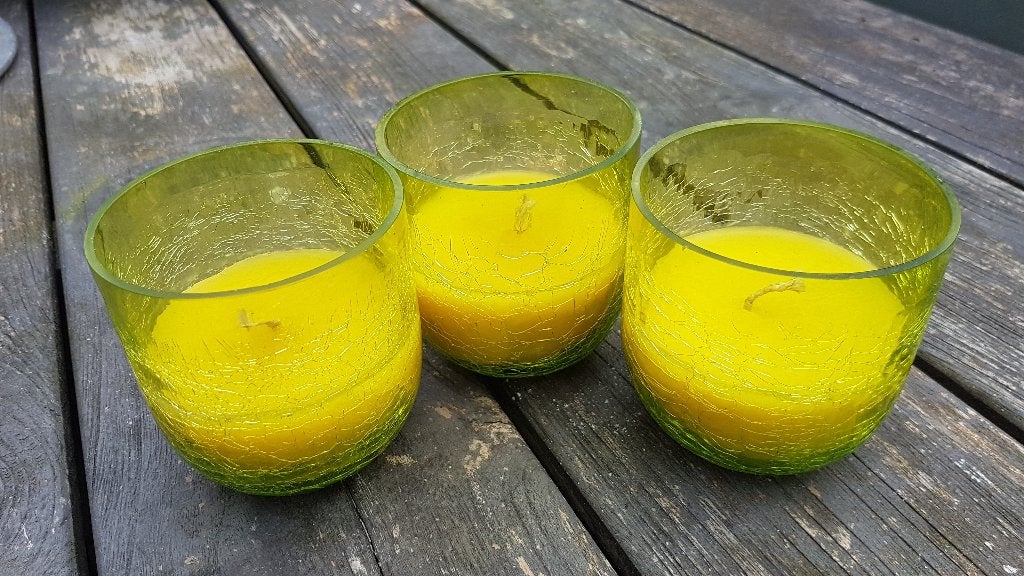 3st kaars in lime - groen glas., 9 cm, Nieuw, Ophalen of Verzenden, Glas