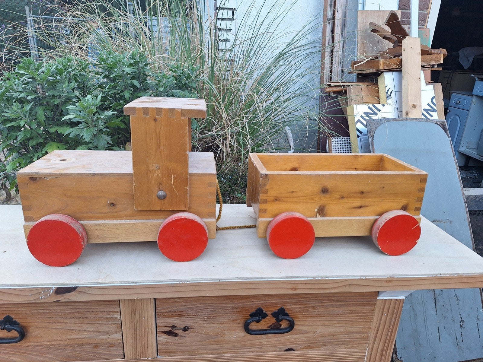 Houten speelgoedtrein met wagon - Vintage, Ophalen of Verzenden