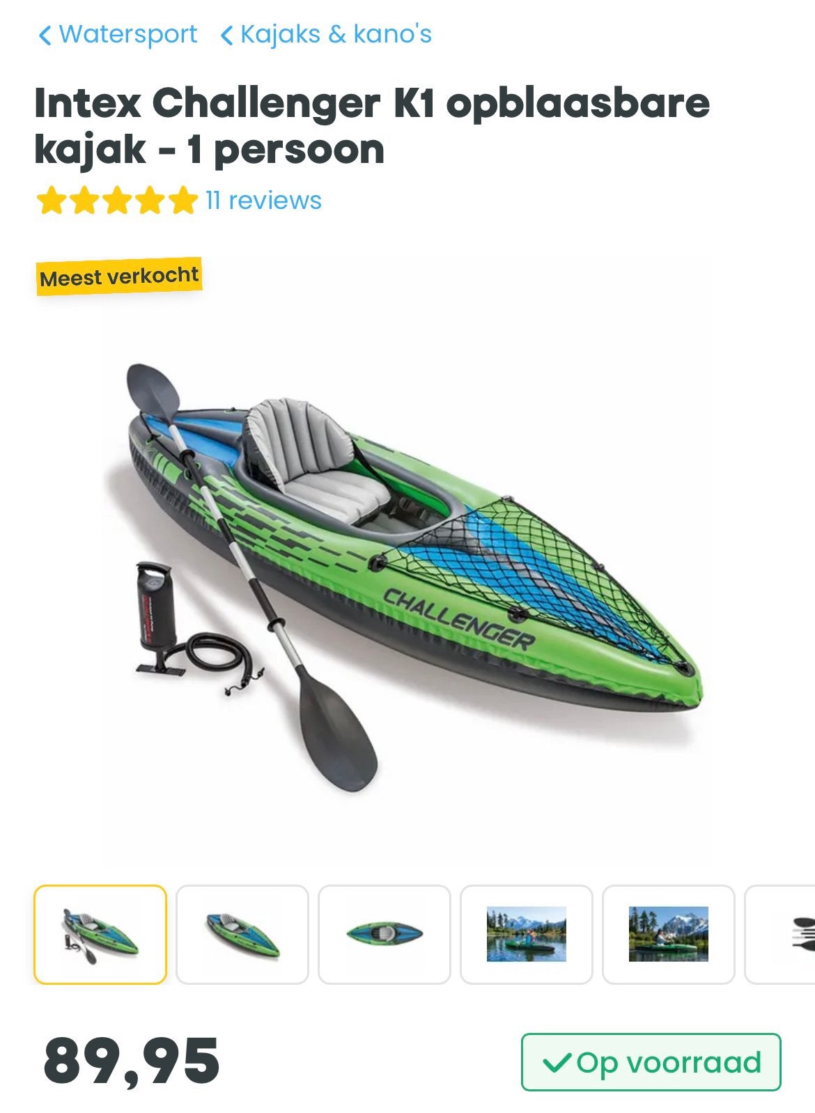 Intex Challenger K1 opblaasbare kajak - 1 persoons, Watersport en Boten, Ophalen of Verzenden, Opblaasbaar, Gebruikt, 1-persoons