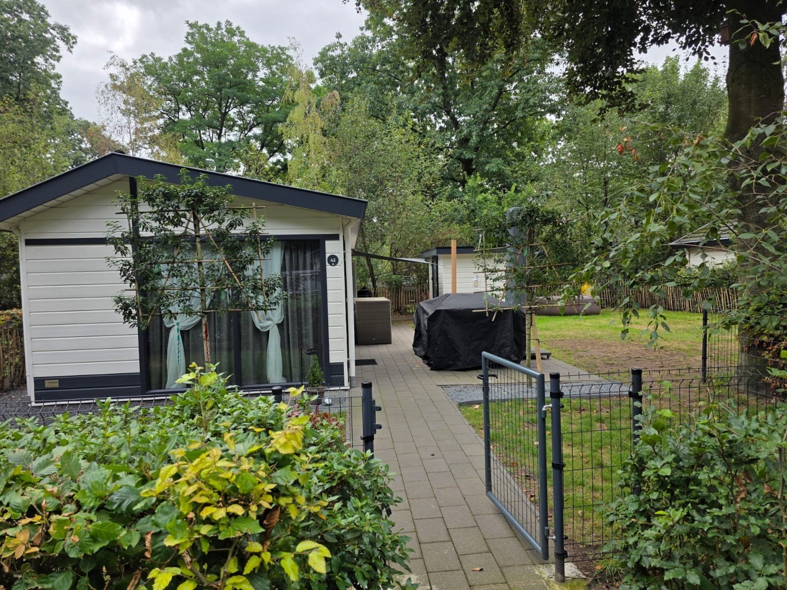 Chalet egien grond Hoge Veluwe , kavel 344 m2 omheiden tuin, 5 personen, In bos, Wasmachine, 2 slaapkamers