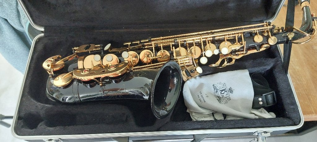 Zwarte alt Saxofoon (TS) met koffer en bladmuziek, Ophalen, Zo goed als nieuw, Alt, Met koffer