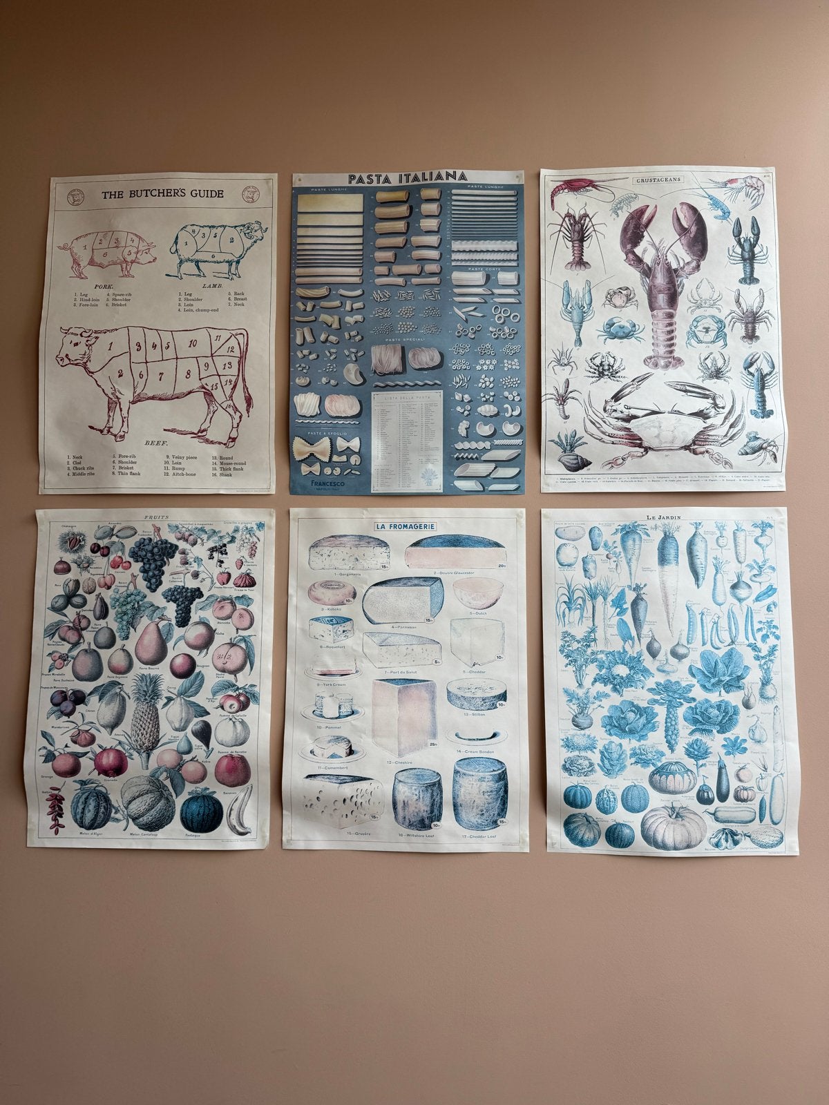 Set van 6 Keukenposters - Vlees, Pasta, Zeevruchten, Ophalen, Zo goed als nieuw, Minder dan 50 cm, Print