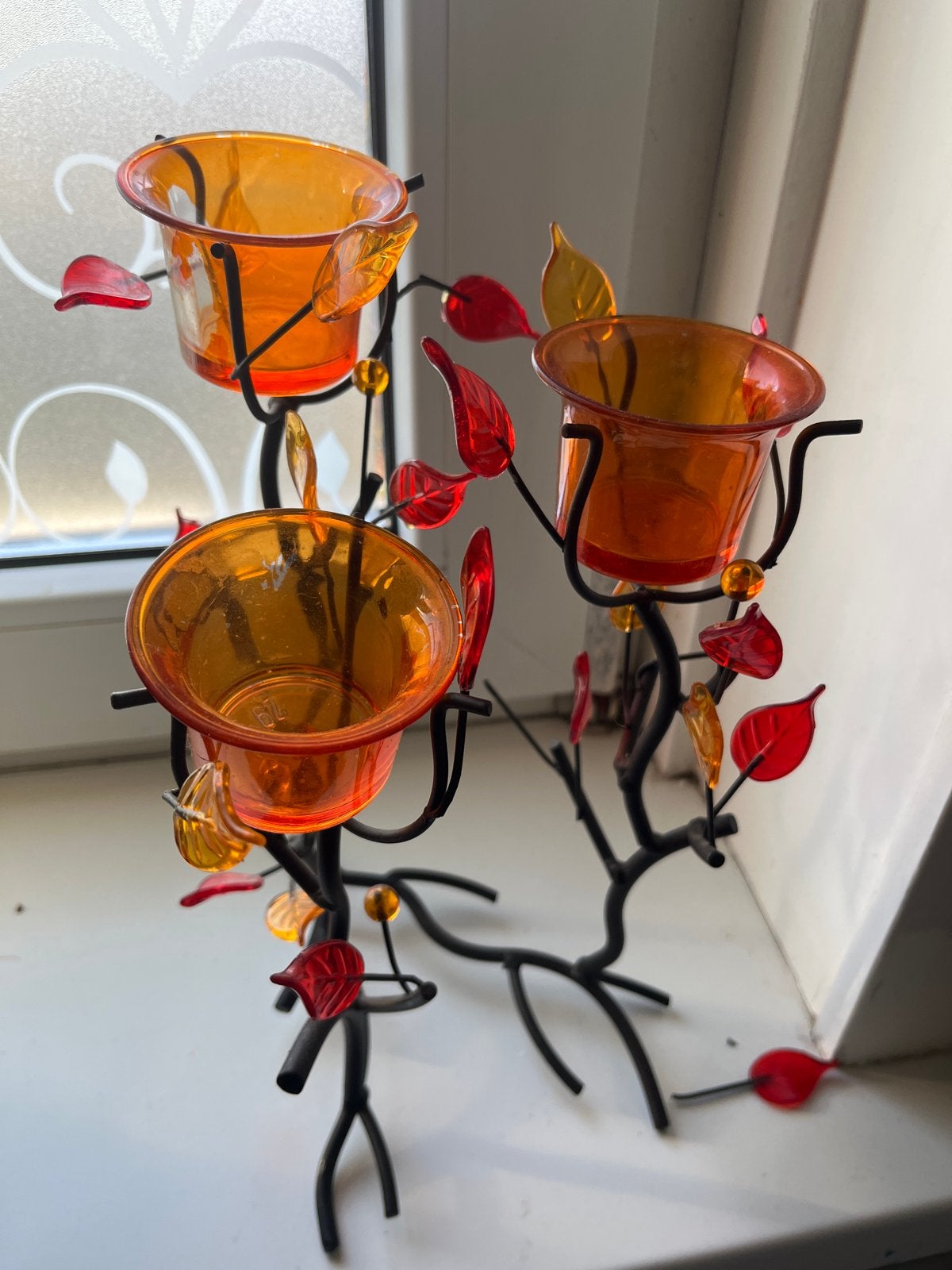 Decoratieve Kandelaar met Herfstbladeren - Oranje/Rood, Meerkleurig, Overige merken, Ophalen of Verzenden, Zo goed als nieuw