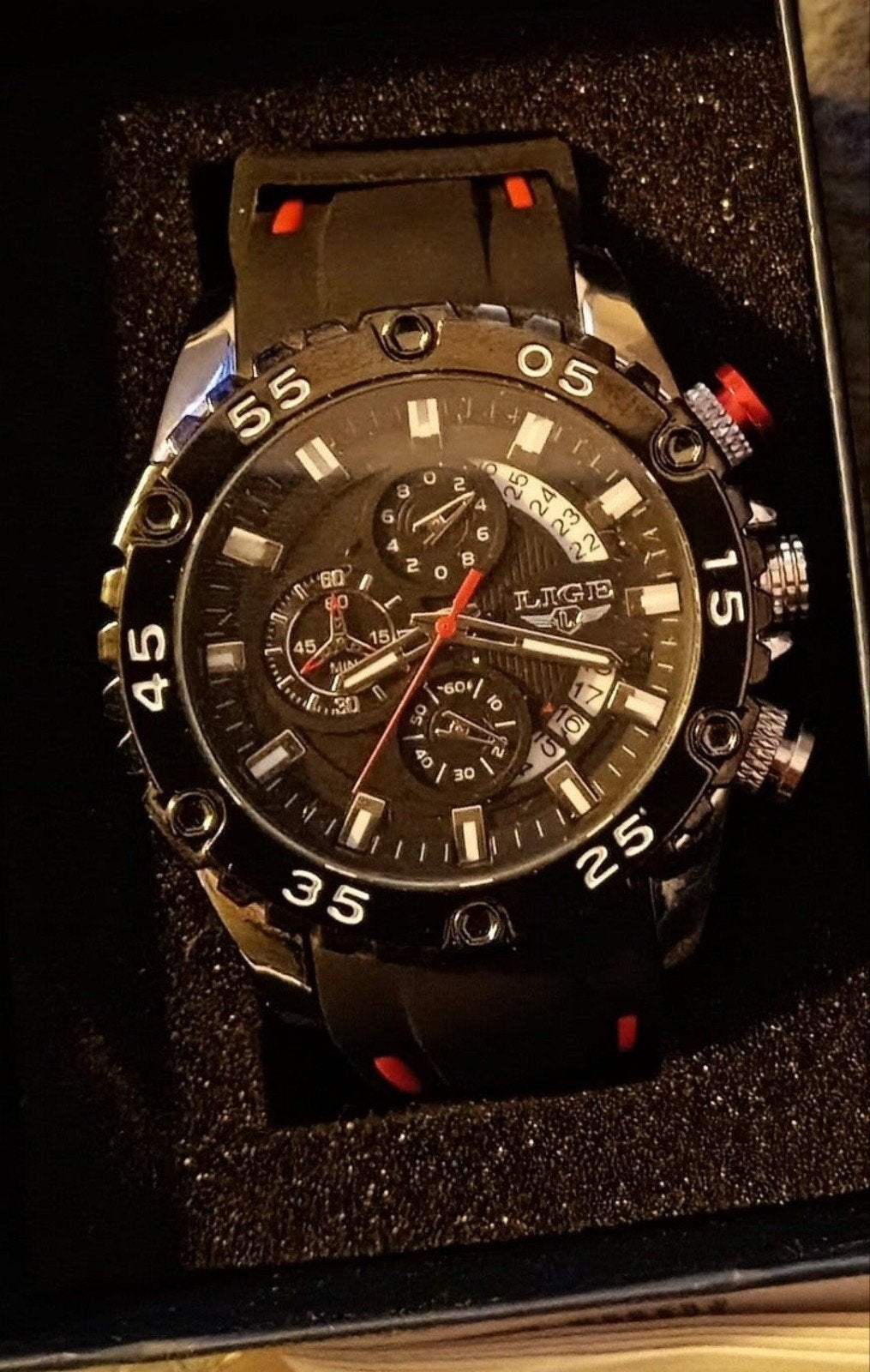 Heren sporthorloge Lige met werkende chronograaf, Sieraden, Tassen en Uiterlijk, Gebruikt, Zwart, Ophalen of Verzenden, Lige heren sporthorloge