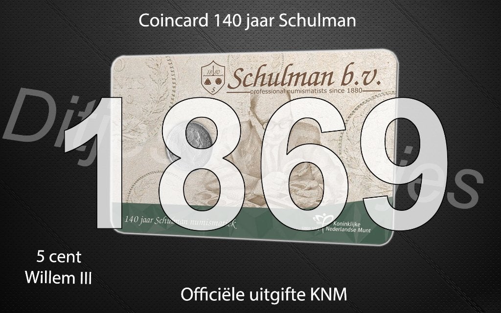 140 jaar Schulman in coincard KNM - 5 cent 1869 zilver, Postzegels en Munten, Ophalen of Verzenden, Koning Willem III, Zilver