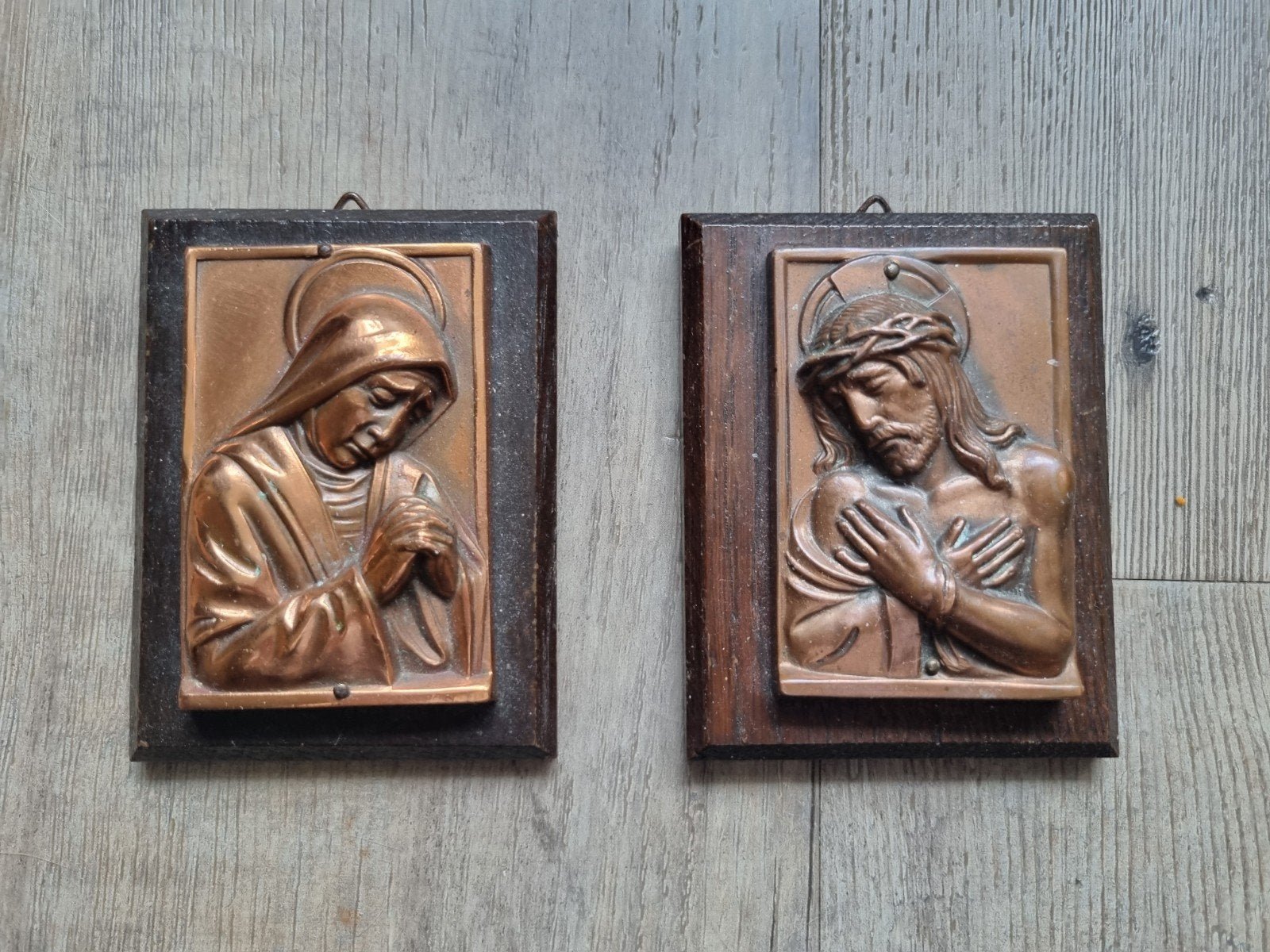 2 koperen reliëfs: Maria en Christus, Antiek en Kunst, Ophalen of Verzenden