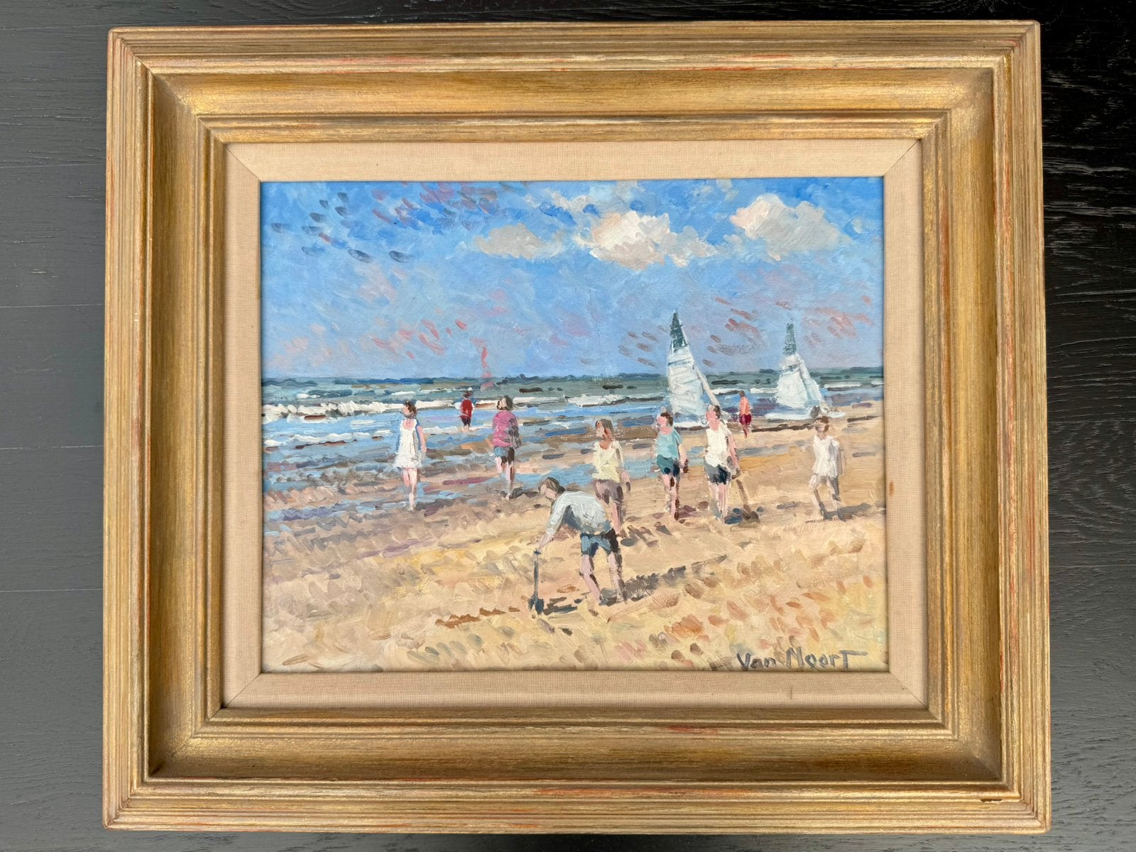 Zandvoort strand tafereel A.C. van Noort, Antiek en Kunst, Ophalen, Doek, Origineel werk, Landschap