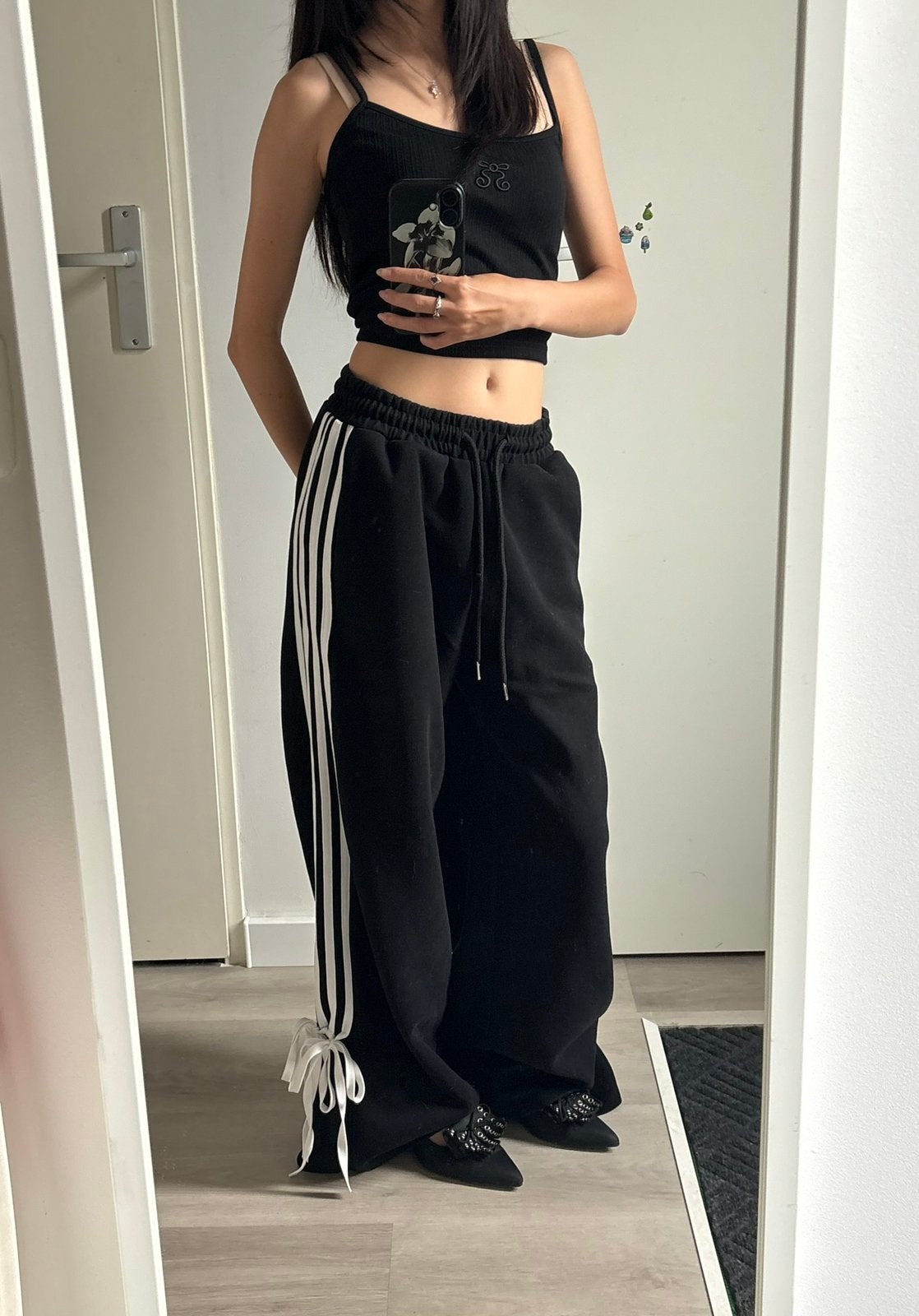 Subversive Striped Wide Leg Track Pants - Ribbon Bow Detail, Zwart, Ophalen of Verzenden, Zo goed als nieuw, Maat 36 (S)