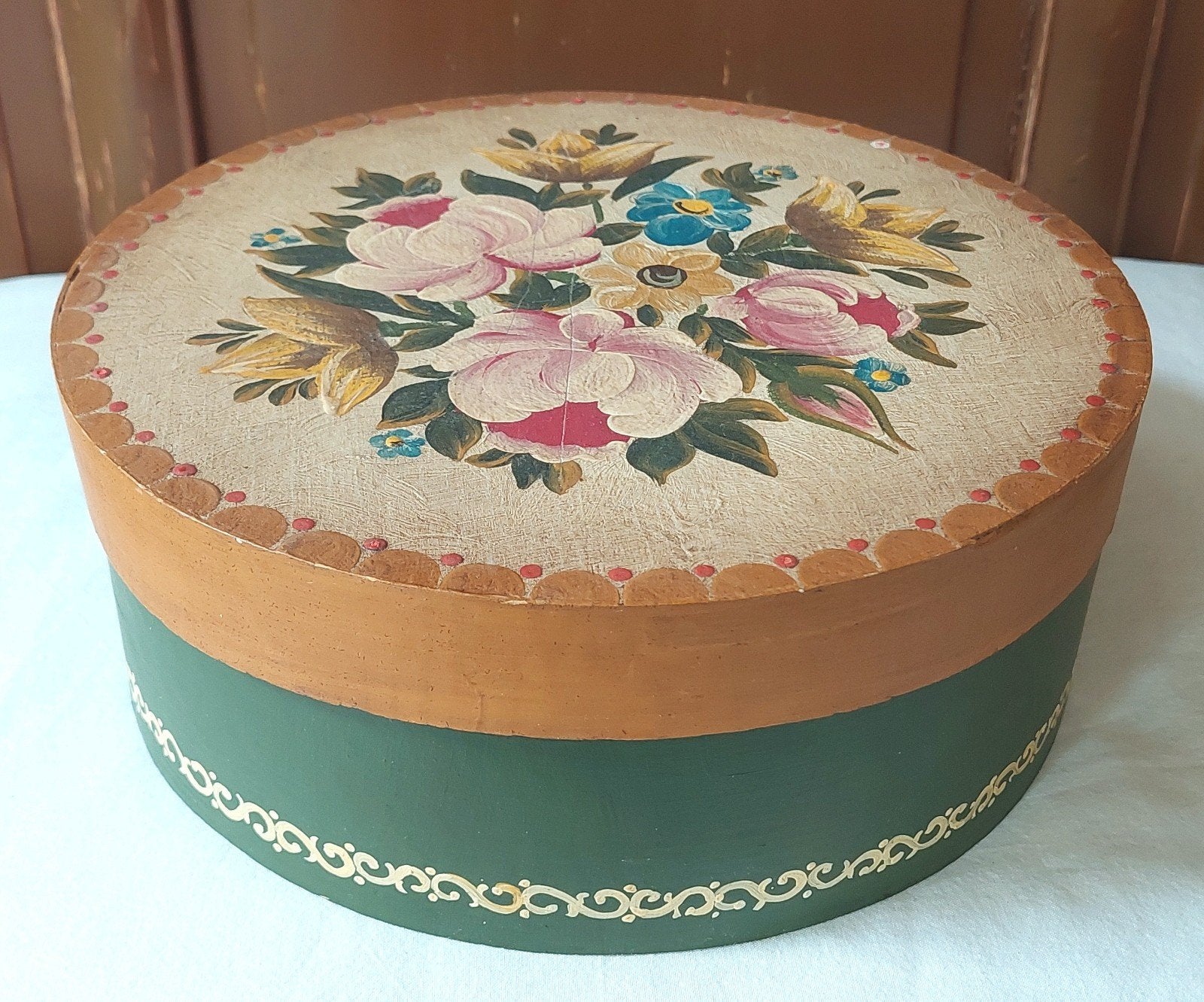 Spanen doos Dia 24 cm x H 9 cm houten kist, Antiek en Kunst, Ophalen of Verzenden