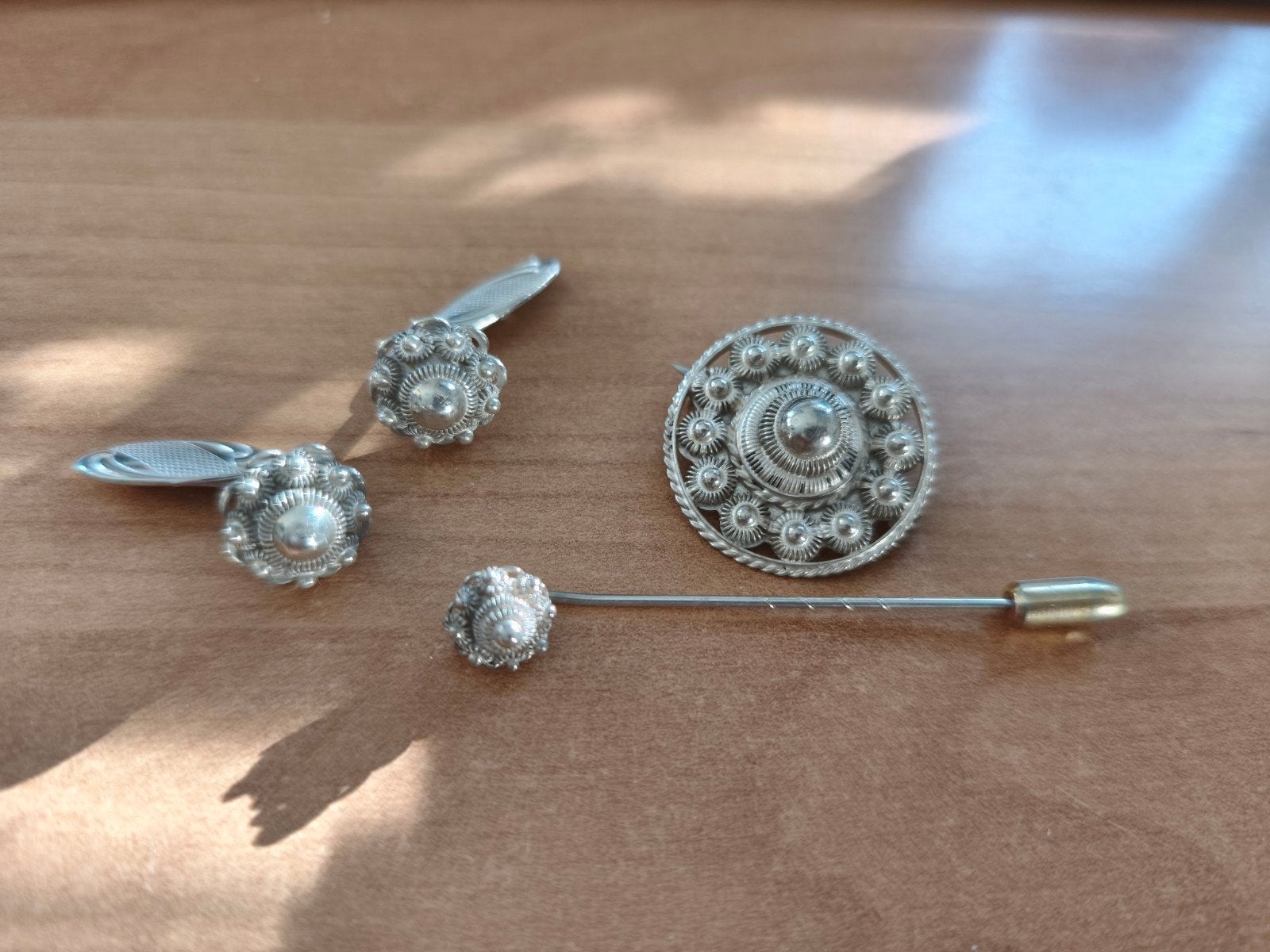 Vintage Zilveren Broche en Manchetknopen Set, Ophalen of Verzenden