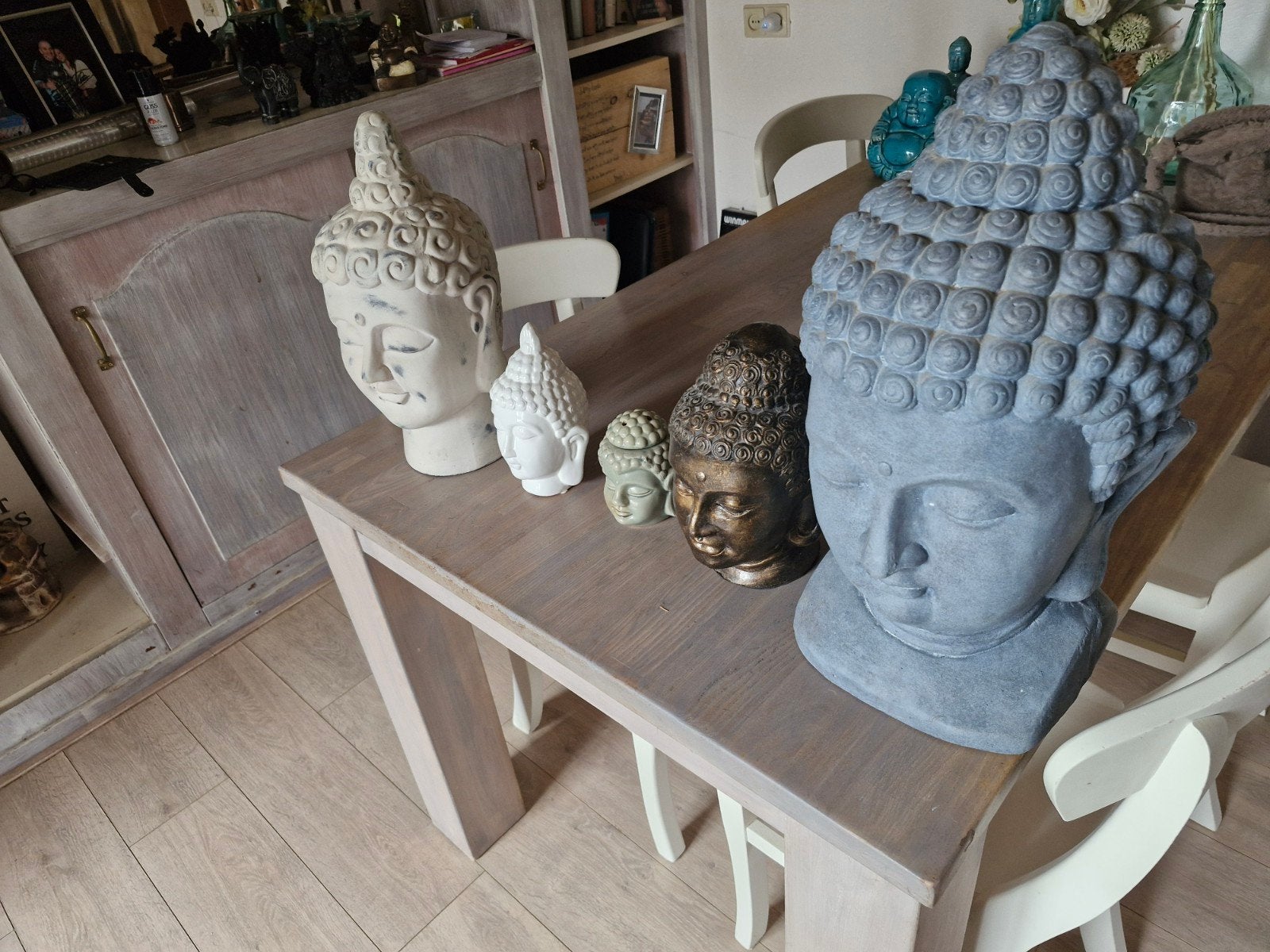 Boeddha beelden set - diverse materialen en kleuren, Ophalen, Gebruikt, Set, Wit