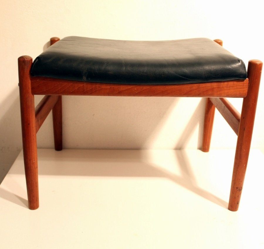 Deens vintage design - teak voetenbank met zwart leer, Gebruikt, 125 cm of meer, -, -