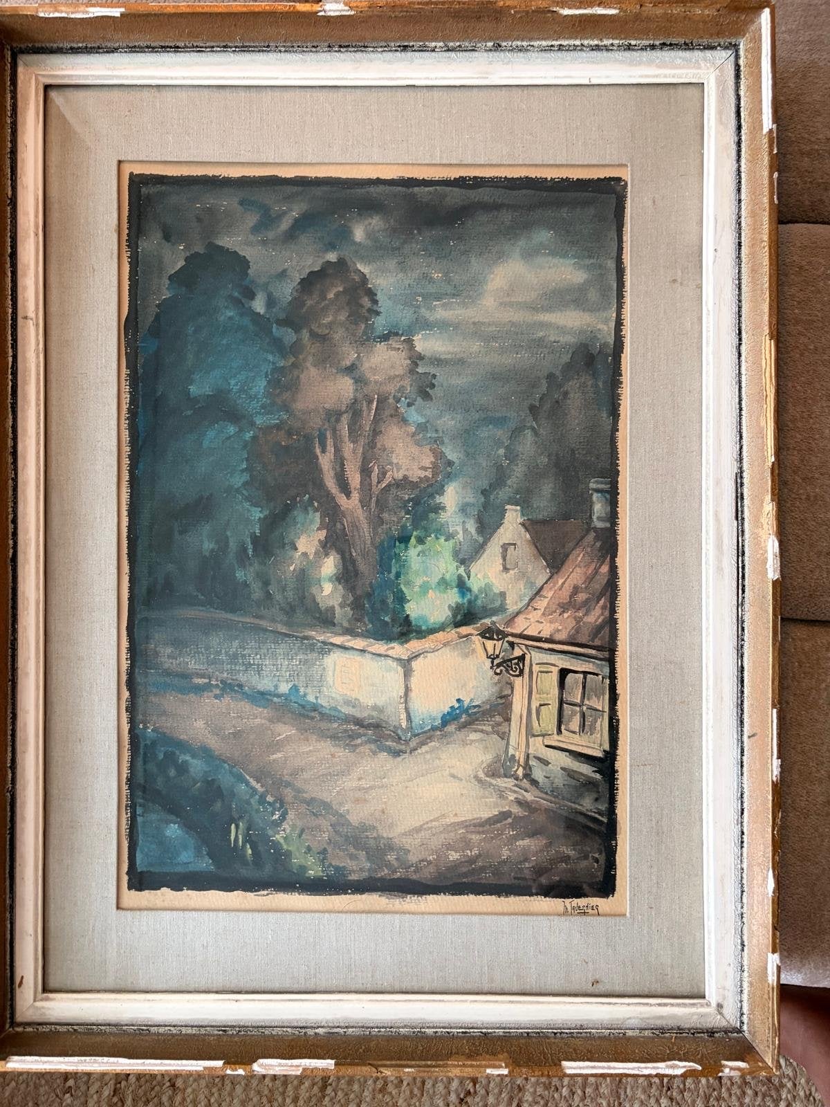 Prachtige aquarel schilderij in verouderde lijst, 1921, Ophalen of Verzenden