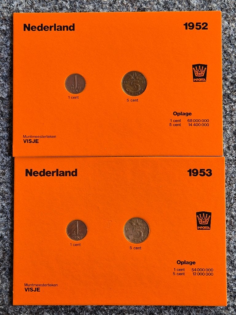 1 cent 5 cent 1952 en 1953 uitgegeven door Importa, Postzegels en Munten, Ophalen of Verzenden, Koningin Juliana, 1 cent