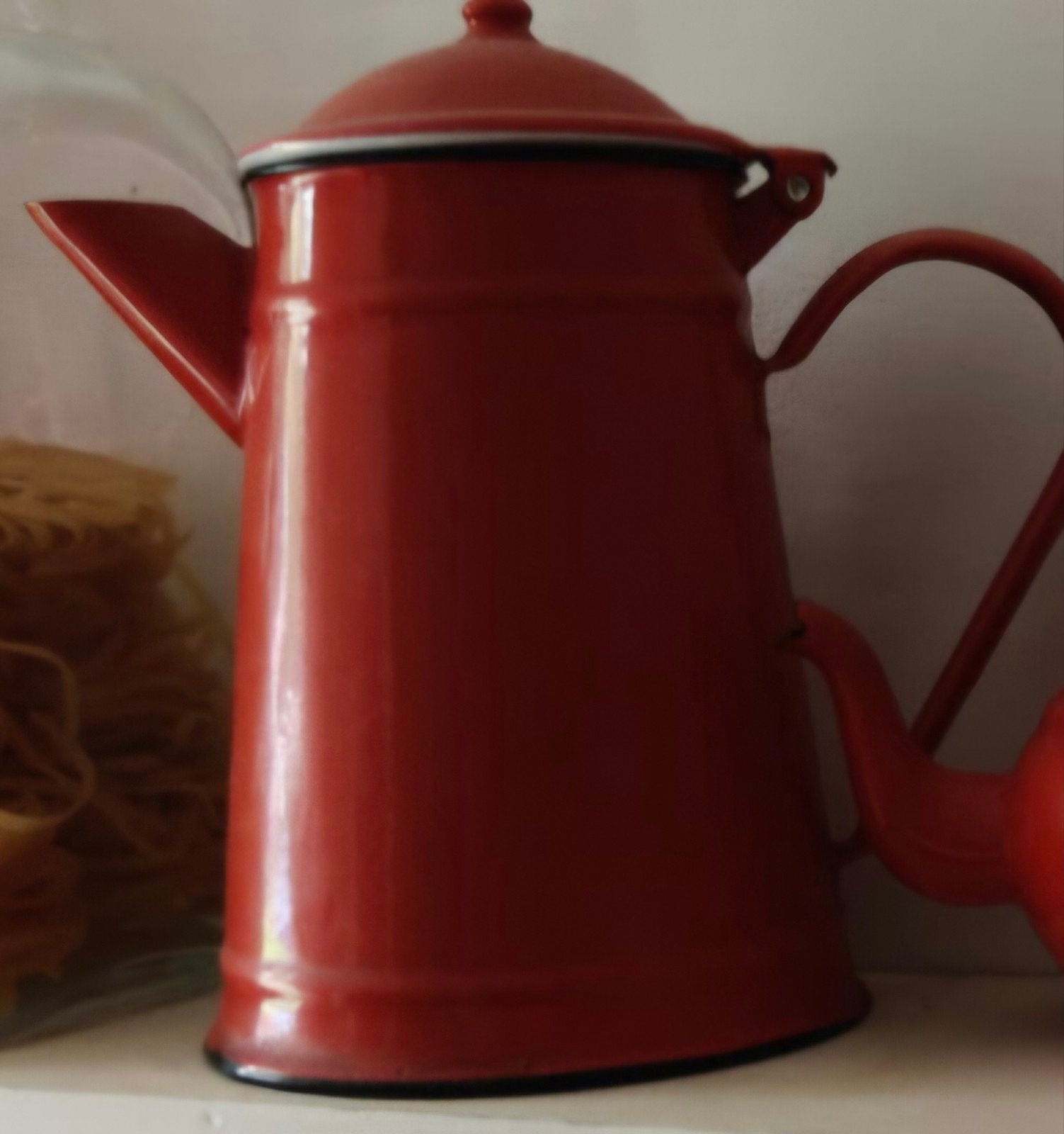 Vintage rode emaille koffiekan / theepot, Ophalen of Verzenden
