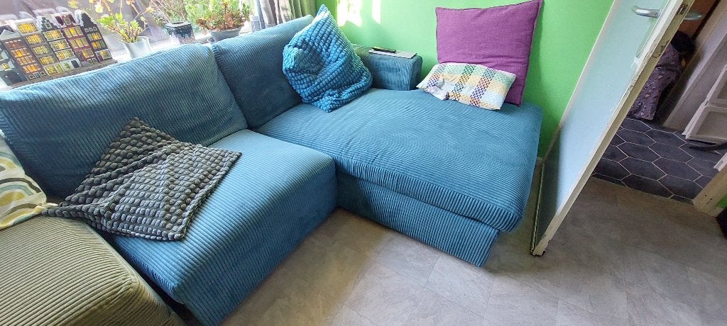 Comfortabele U-bank met 2 chaise longues, Ophalen, 250 tot 300 cm, Driepersoons, Modern, comfortabel, ribstof
