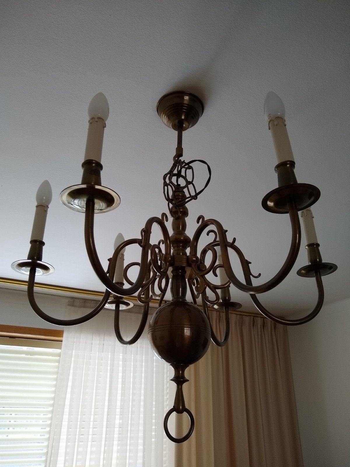 Bronzen kroonluchter met 6 armen, Ophalen, Gebruikt, E14 (klein), Klassiek, Antiek, Barok