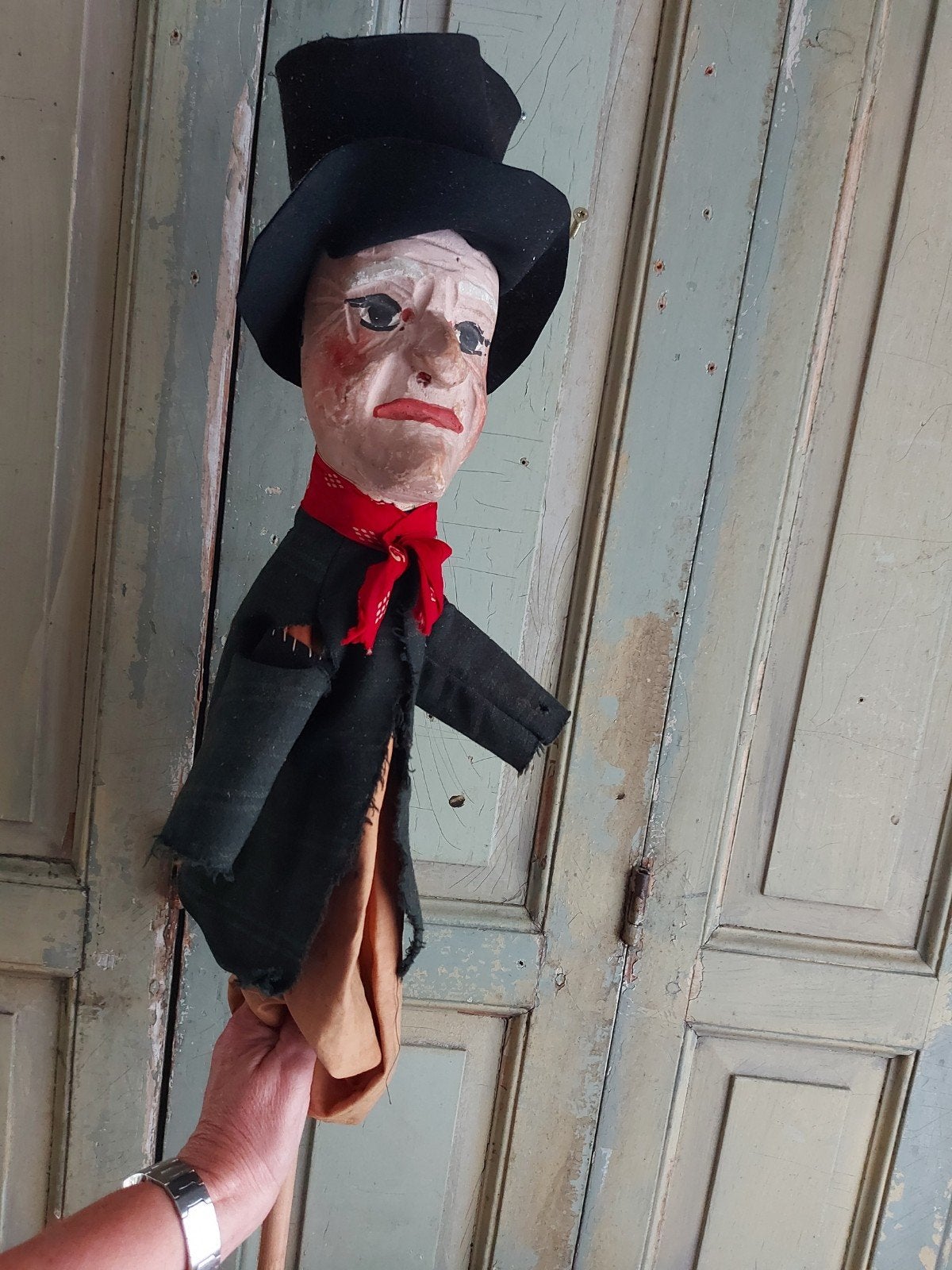 Grote antieke houten stokpop, Frankrijk , Guignol, 65 cm., Ophalen of Verzenden
