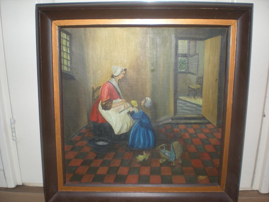 te koop apart groot schilderij moeder en kind bij open haard, Ophalen of Verzenden