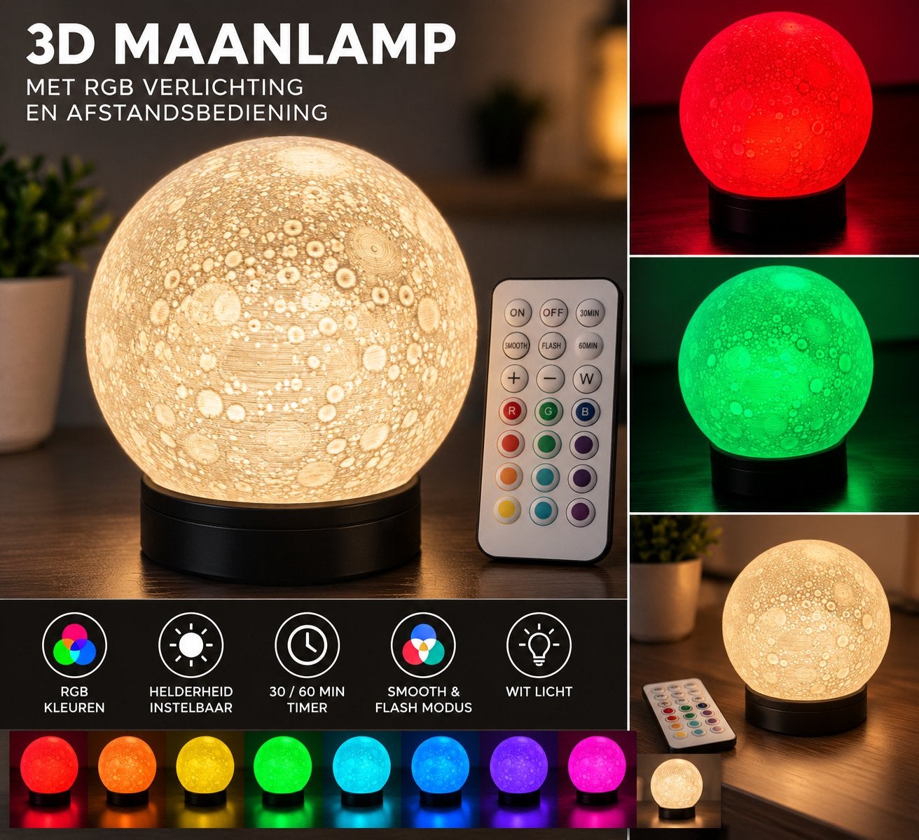 3D Maanlamp met RGB Verlichting en Afstandsbediening, Dimbaar, Kunststof, Meerkleurig, Nieuw